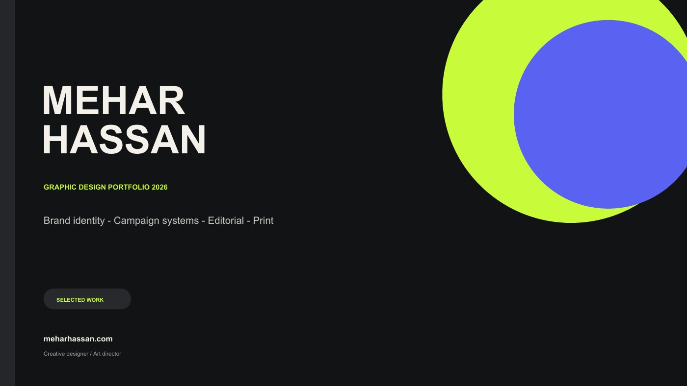 Page 1 of Mehar Hassan Creative Portfolio 2026