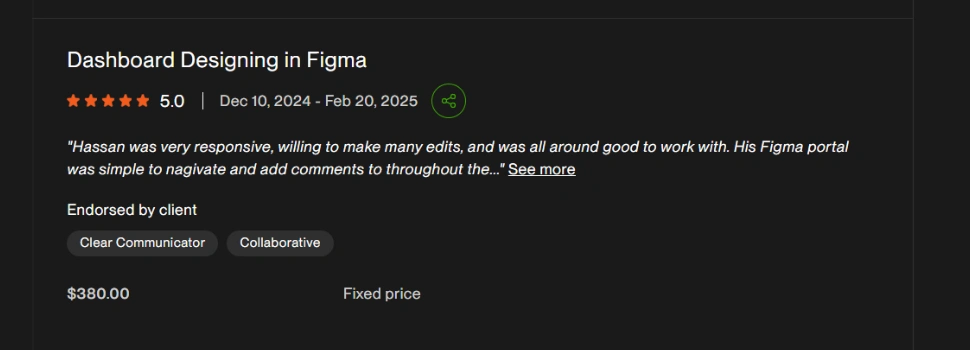 Upwork Client Review for Figma Dashboard